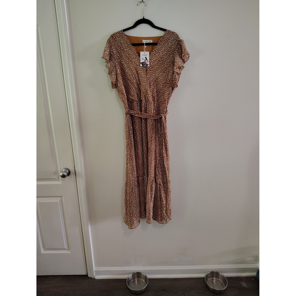 Genhoo  XXL Rust Orange Animal Print V-Neck Flutter Sleeve Midi Dress NWT‎